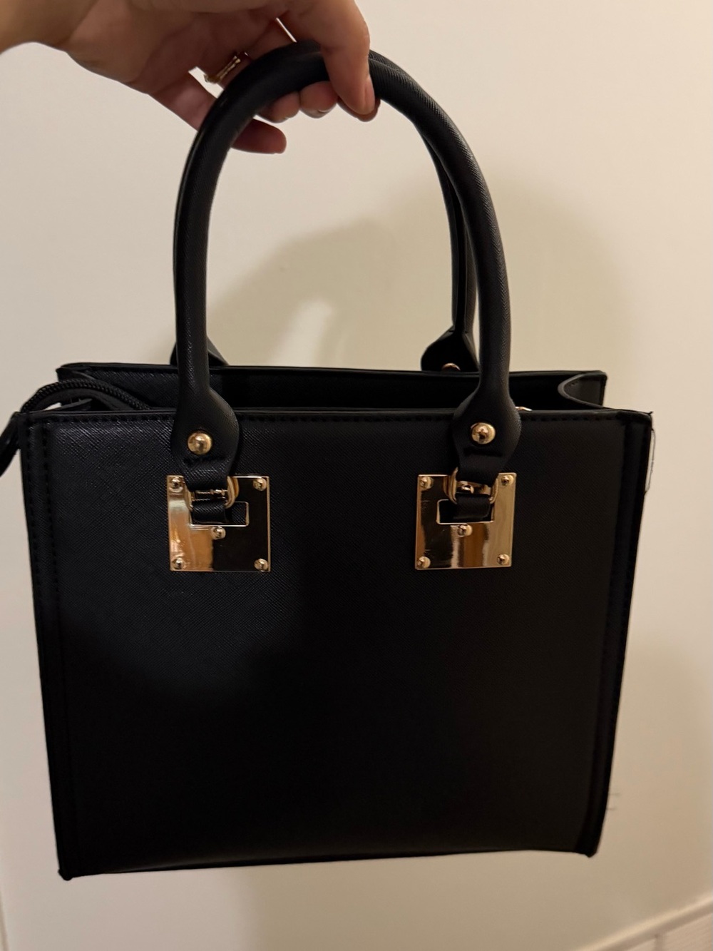 Classic Black Structured Top-Handle Bag with Gold Hardware